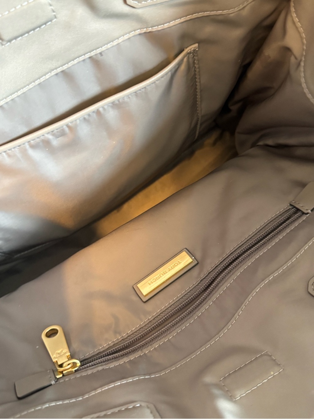 Tory Burch Taupe Embossed Logo Tote - Picture 3 of 4